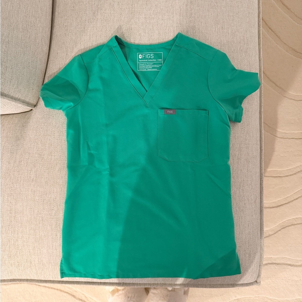 FIGS Catarina Scrub Top XXS Emerald Green V-Neck EUC